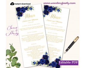 Navy Blue flowers menu card printable template,Gold menus,(39w)